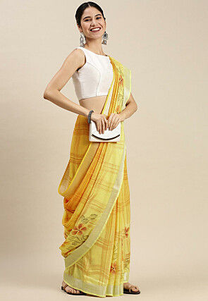 Printed Linen Silk Saree in Yellow