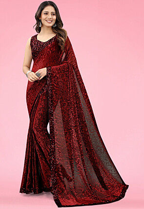 Printed Lycra (Elastane) Saree in Red