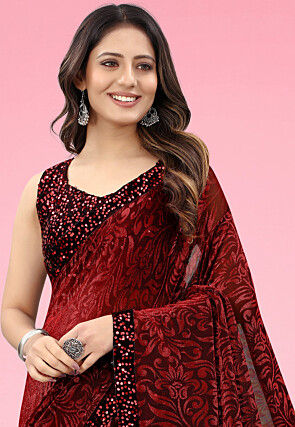 Printed Lycra (Elastane) Saree in Red