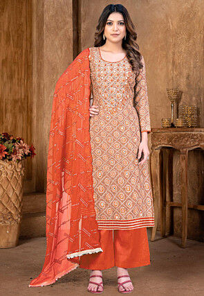 Printed Modal Cotton Pakistani Suit in Orange