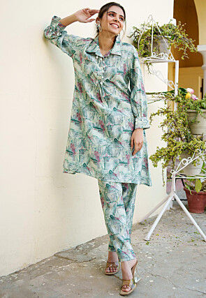 Printed Modal Muslin Cotton Co Ord Set in Light Green