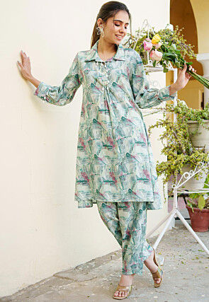 Printed Modal Muslin Cotton Co Ord Set in Light Green