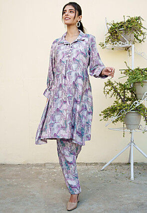 Printed Modal Muslin Cotton Co Ord Set in Light Purple