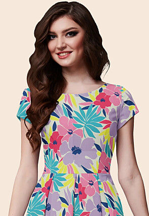 Printed Modal Satin Aline Dress in Multicolor