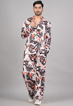 Printed Modal Satin Co Ord Set in Light Peach