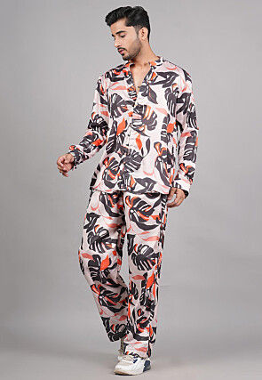 Printed Modal Satin Co Ord Set in Light Peach