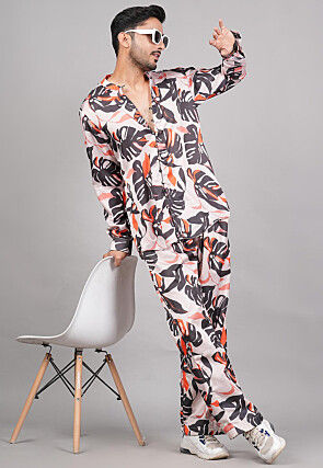 Printed Modal Satin Co Ord Set in Light Peach