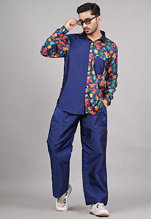 Printed Modal Satin Co Ord Set in Navy Blue