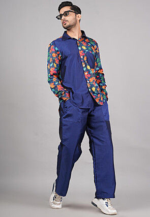 Printed Modal Satin Co Ord Set in Navy Blue