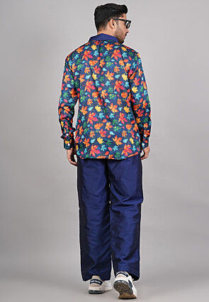 Printed Modal Satin Co Ord Set in Navy Blue