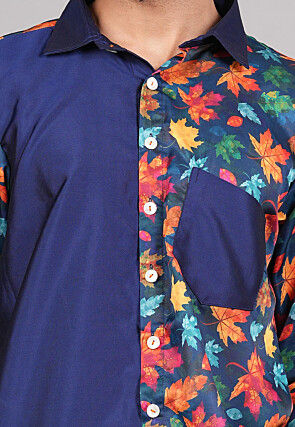 Printed Modal Satin Co Ord Set in Navy Blue