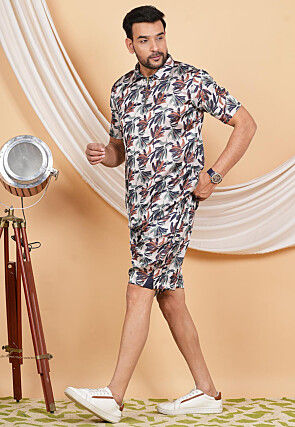 Printed Modal Satin Co Ord Set in Off White