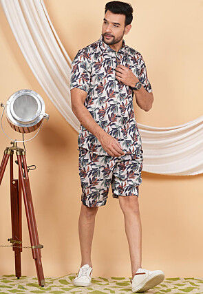 Printed Modal Satin Co Ord Set in Off White