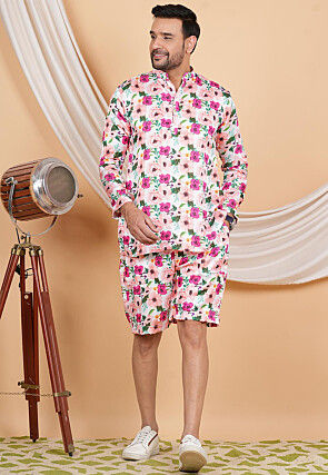 Printed Modal Satin Co Ord Set in Peach