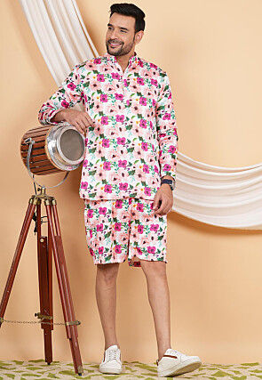 Printed Modal Satin Co Ord Set in Peach