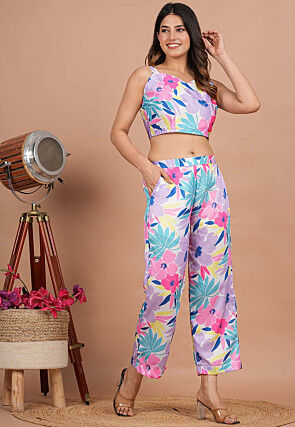 Printed Modal Satin Crop Top Set in Multicolor