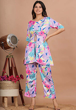 Printed Modal Satin Crop Top Set with Jacket in Multicolor