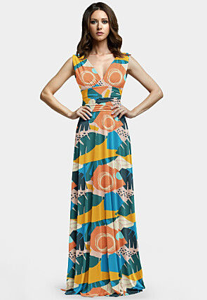 Printed Modal Satin Gown in Multicolor