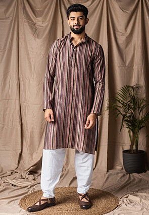 Printed Modal Silk Kurta Set in Multicolor
