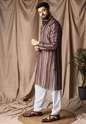 Printed Modal Silk Kurta Set in Multicolor