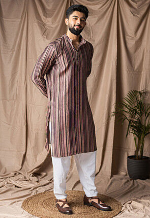 Printed Modal Silk Kurta Set in Multicolor