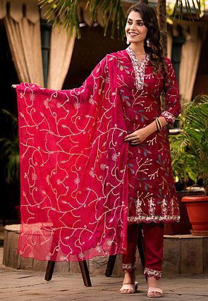Buy Carrot Pink Silk Pakistani Suit With Palazzo Pant Online