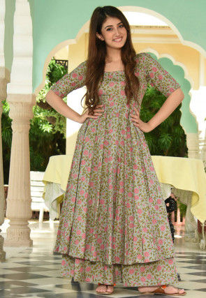 Printed Muslin Cotton Flared Kurta Set in Dusty Green