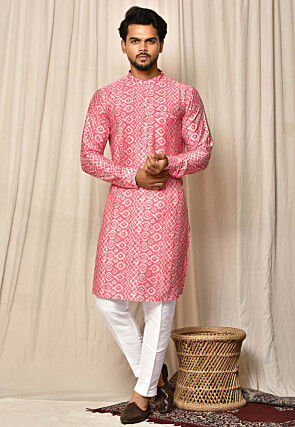 Printed Muslin Cotton Kurta Set in Peach Pink