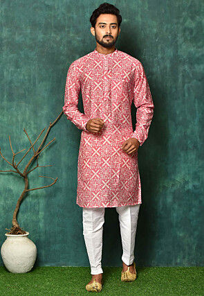 Printed Muslin Cotton Kurta Set in Pink