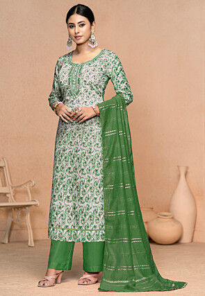 Printed Muslin Cotton Pakistani Suit in Grey