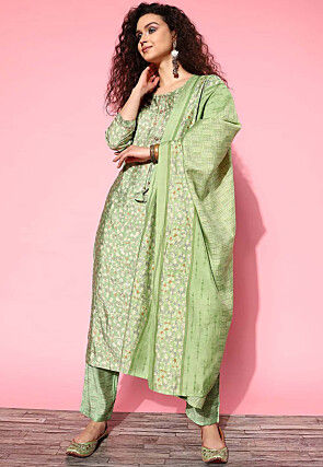 Printed Muslin Cotton Pakistani Suit in Light Green