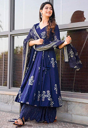 Printed Muslin Cotton Pakistani Suit in Navy Blue