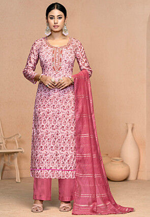 Printed Muslin Cotton Pakistani Suit in Pink