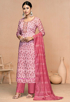 Printed Muslin Cotton Pakistani Suit in Pink