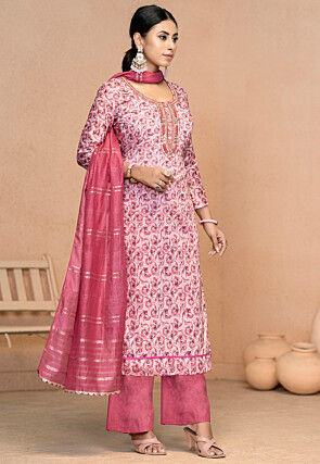 Printed Muslin Cotton Pakistani Suit in Pink