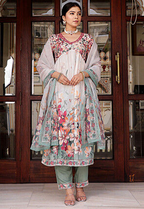 Printed Muslin Silk Aline Suit in Off White