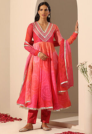 Printed Muslin Silk Anarkali Suit in Pink And Coral