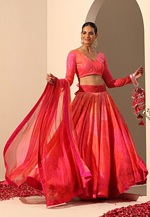 Printed Muslin Silk Lehenga in Pink And Coral
