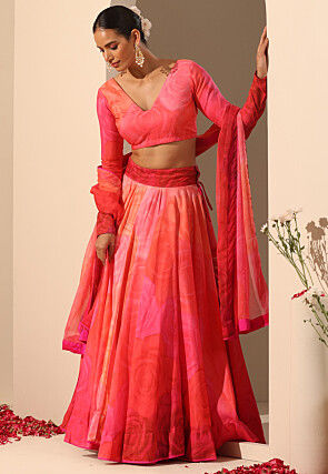 Printed Muslin Silk Lehenga in Pink And Coral
