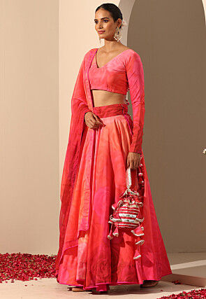Printed Muslin Silk Lehenga in Pink And Coral