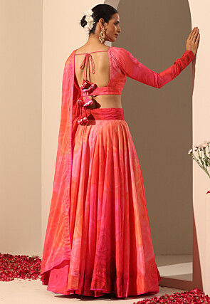 Printed Muslin Silk Lehenga in Pink And Coral