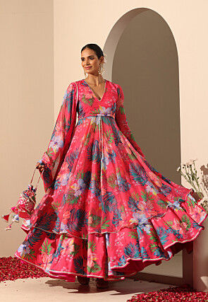Printed Muslin Silk Lehenga in Pink