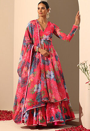 Printed Muslin Silk Lehenga in Pink
