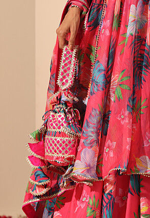 Printed Muslin Silk Lehenga in Pink