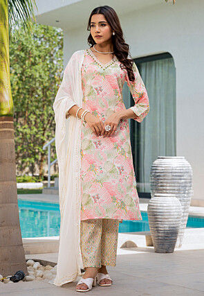 Printed Muslin Silk Pakistani Suit in Cream and Multicolor