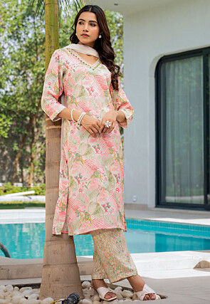 Printed Muslin Silk Pakistani Suit in Cream and Multicolor
