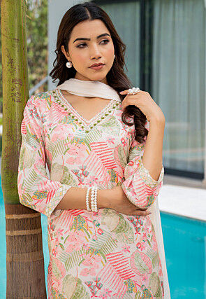 Printed Muslin Silk Pakistani Suit in Cream and Multicolor
