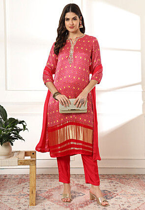 Printed Muslin Silk Pakistani Suit in Fuchsia