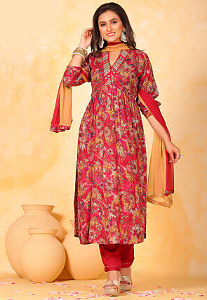 Printed Muslin Silk Pakistani Suit in Fuchsia