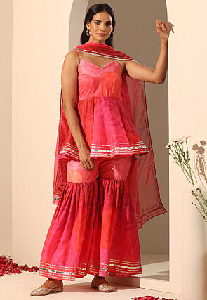 Printed Muslin Silk Pakistani Suit in Pink And Coral
